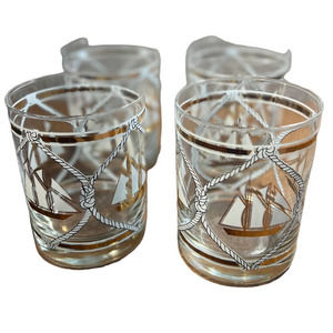 Set Of 4 Vintage Edgar Watkins Old Fashioned Glasses Sailboats Gold Accents